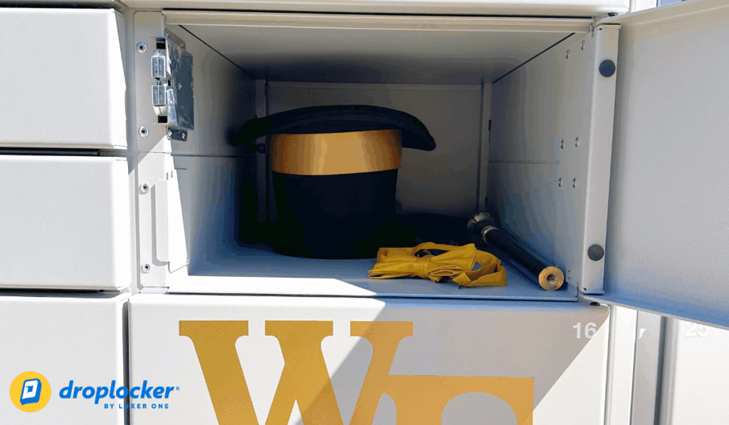 Demon Deacons hat and cane stored in the Wake Forest Droplocker bag storage lockers at football stadium